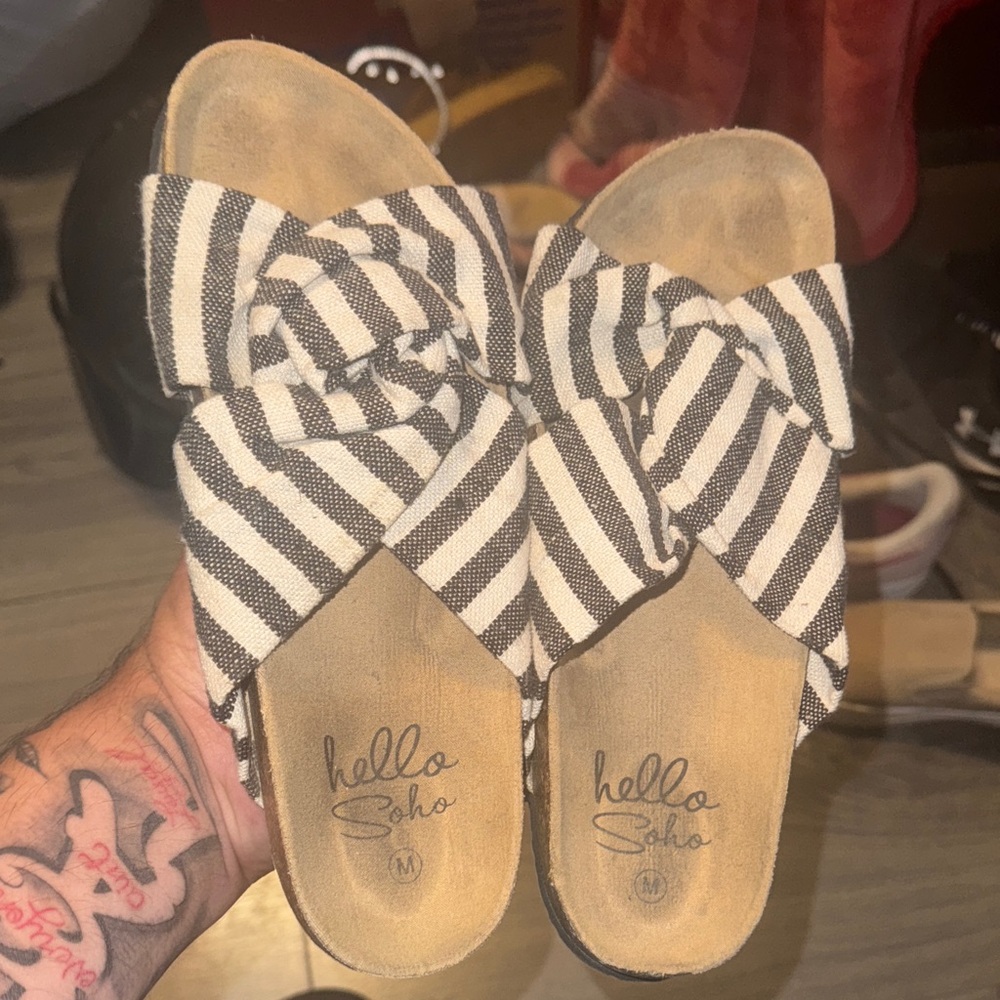 Black and White Striped Women's Sandals